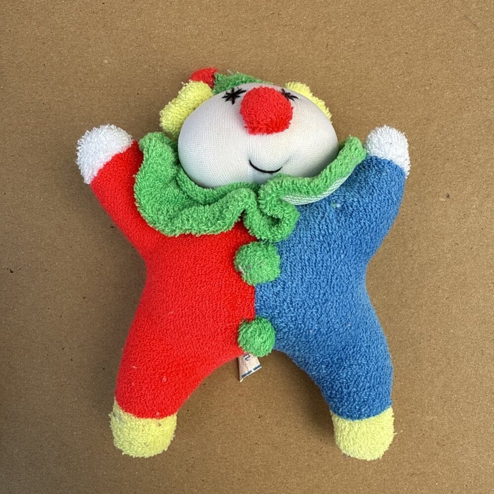 Vtg 1991 Pansy Ellen Terrycloth Clown Baby Rattle Plush Colorblock Primary Color